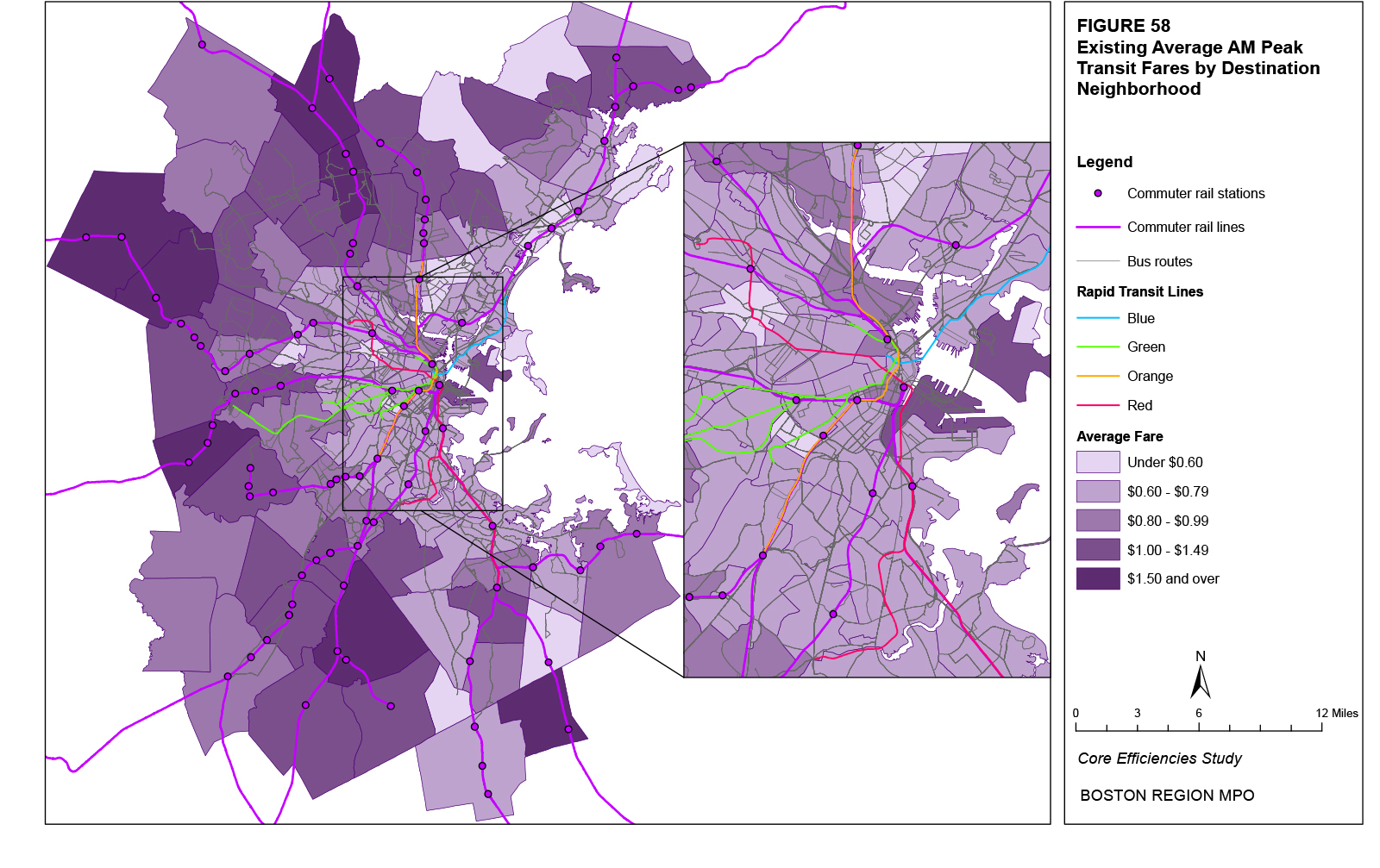 This map shows the existing average AM peak transit fares for destination trips by neighborhood.